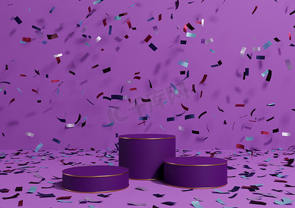 亮紫色、紫色 3D 渲染产品展示三个讲台，配有彩色五彩纸屑庆祝周年广告和奢华产品的金色线条，简单、最小的背景