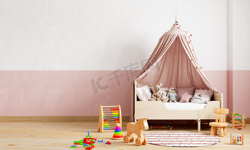 儿童房采用粉色和白色色调的墙壁背景。