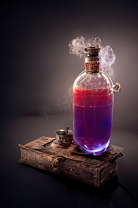 翻开魔法书摄影照片_魔法药水瓶，数字艺术风格，3D 插图
