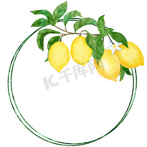 水彩手绘框架海报与黄色柠檬和绿叶。