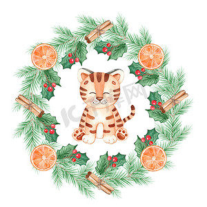 水彩老虎在白色背景上孤立的圣诞花环框架。