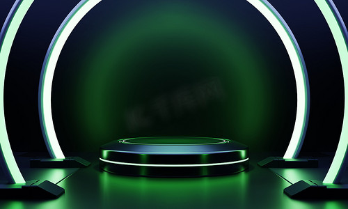现代圆形产品展示科幻讲台与绿色发光霓虹灯框架背景。