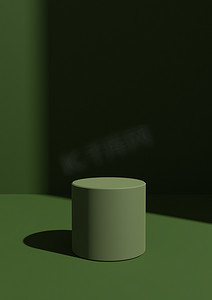 简单、最小的 3D 渲染温暖的绿色背景，用于带一个支架或圆柱讲台的产品展示。