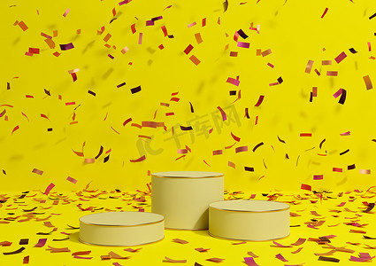 明亮的霓虹黄色 3D 渲染产品展示三个讲台，配有色彩缤纷的五彩纸屑庆祝周年广告和奢侈品的金色线条，简单、简约的背景