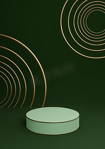 深、暖绿色 3D 渲染最小产品展示豪华圆柱讲台或产品背景抽象构图，带有金色线条和圆圈