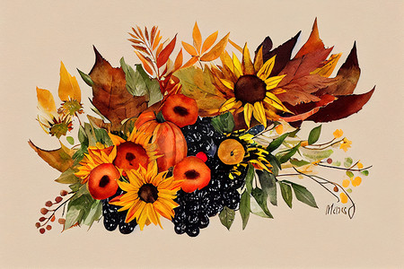 手绘春天叶子摄影照片_水彩秋花束，有叶子、浆果、向日葵。手绘秋季插画。