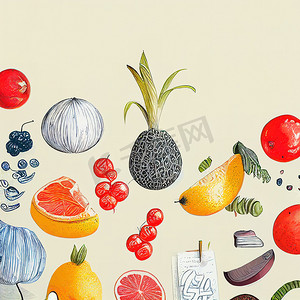 水果元素摄影照片_带有抽象元素、涂鸦和水果的新鲜时尚插图