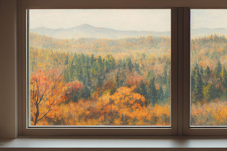 模糊窗户背景摄影照片_3D 渲染窗外秋季数字艺术画，选择性聚焦和模糊