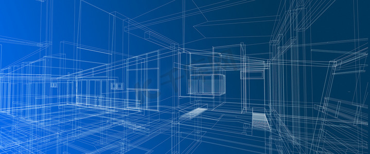 建筑室内空间设计概念3D透视白色线框渲染渐变蓝色背景计算机智能技术