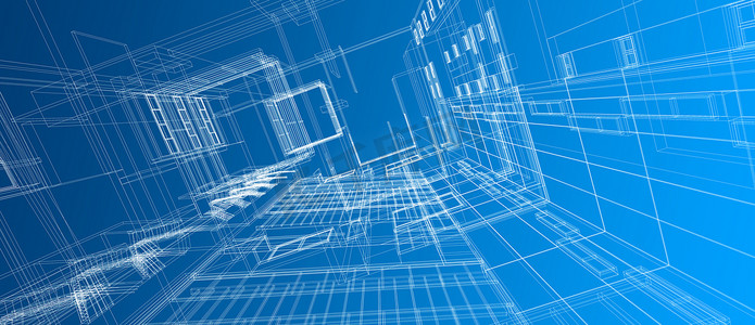建筑建筑空间设计概念 3D 透视白线框架渲染渐变蓝色背景。