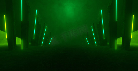 令人惊叹的超现代空电影体积深绿色网络仓库未来室内背景壁纸 3D 插图