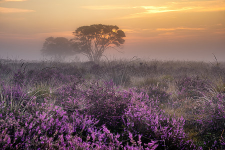 荷兰 Hilversum Veluwe Zuiderheide 附近盛开的石南花田，早晨盛开的粉紫色石南花田，日出时雾气缭绕
