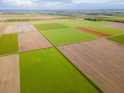 荷兰牧场摄影照片_荷兰干净的绿色草地，从空中无人机俯瞰运河附近的绿色田野和农舍，典型的荷兰景观，荷兰，荷兰