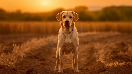 棕摄影照片_日落时分黄色拉布拉多寻回犬站在棕壤上黄狗