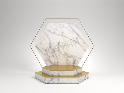 3D 渲染白色大理石基座隔离在白色背景、六边形金框、纪念板、六边形台阶、抽象最小概念、空白空间、简洁设计、豪华简约样机