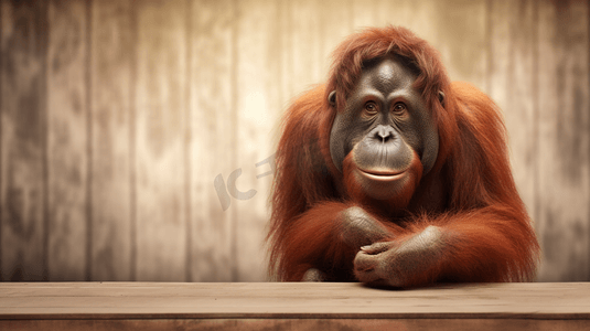 棕色的猩猩坐在木头长桌右侧