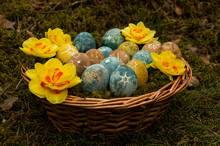 复活节彩绘鸡蛋与星星和水仙花