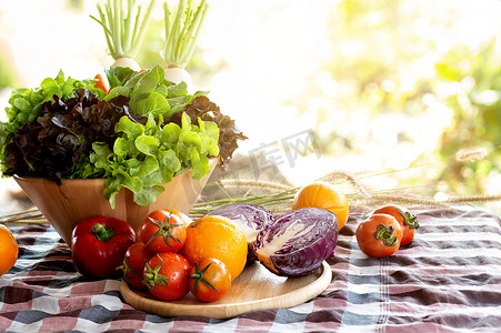 碗中的新鲜有机生蔬菜和水果，用于餐桌上的沙拉、素食和健康食品或成分和草药，用于烹饪健康，具有复制空间、农场收获、营养概念。