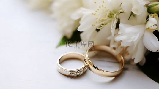 婚礼邀请函花朵和一对金戒指背景