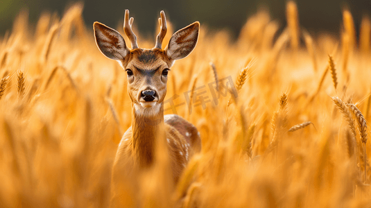 一只长角的小鹿正站在高高的草丛中