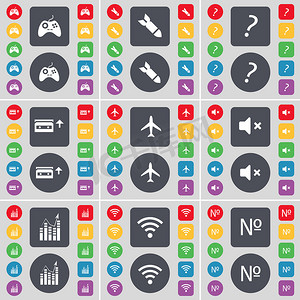 游戏手柄、火箭、问号、盒式磁带、飞机、静音、图表、Wi-Fi、数字图标符号。