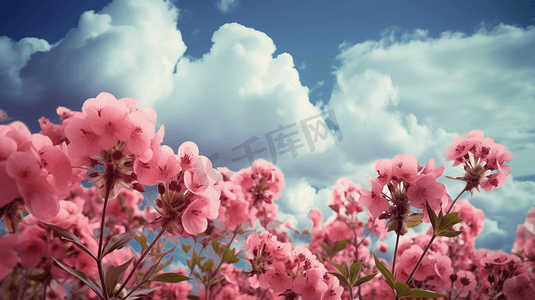 多云天空下的粉色花朵