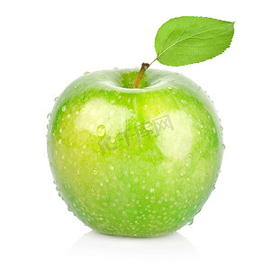 单个黑圆点摄影照片_青苹果与一片叶子