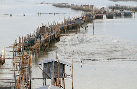 Chanthabur 的养鱼场（用于将鱼保留在水中的浮网）