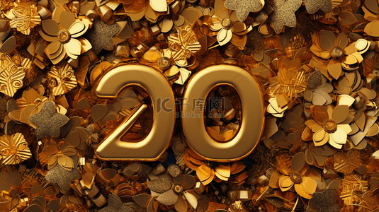 2020年新年快乐插画，金色数字和落下的彩带在黑色背景上。