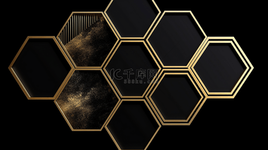 抽象背景上的六边形金色框架。