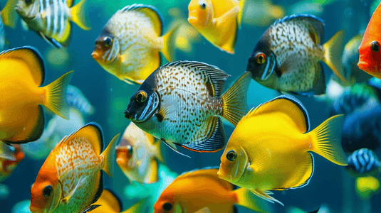 在水族馆里游动的一大群鱼