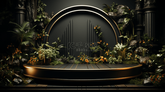 广告背景图片_3D黑金电商产品展台广告自然植物背景