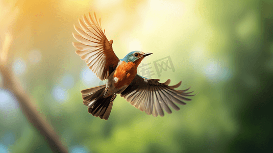 一只鸟飞过树林逆光羽毛