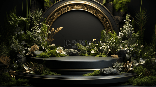 3D黑金电商产品展台广告自然植物背景