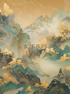 中国的风背景背景图片_青绿相间的山脉暗金色和天青背景16