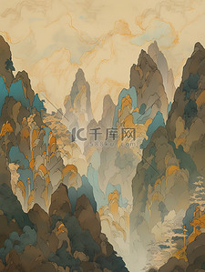 中国风青绿背景图片_青绿相间的山脉暗金色和天青背景15