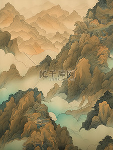 中国风青绿背景图片_青绿相间的山脉暗金色和天青背景11