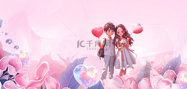 七夕玫瑰背景图片_七夕拿气球情侣粉紫立体情人节背景