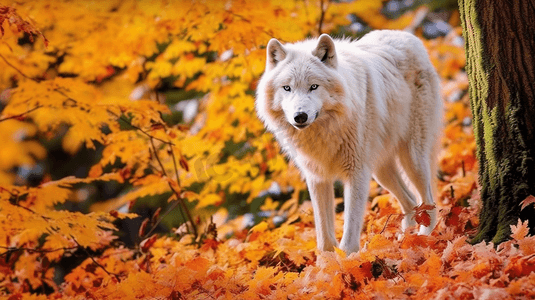 一只白狼走过覆盖着树叶的森林