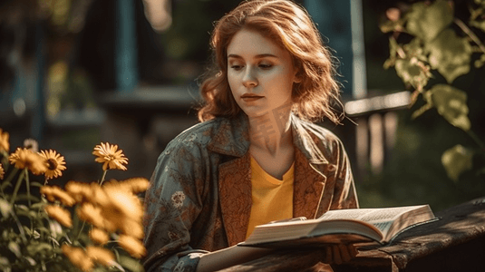 秋冬季文艺少女在花丛中读书阅读2