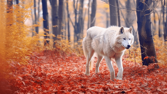 一只白狼走过覆盖着树叶的森林