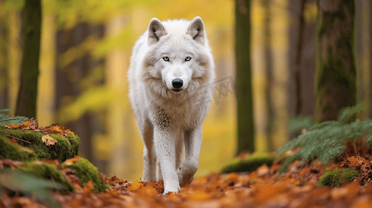 一只树叶摄影照片_一只白狼走过覆盖着树叶的森林
