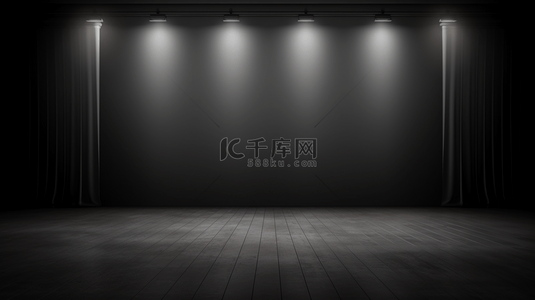 暗色舞台背景图片_用3D渲染出一个黑色背景的黑暗空荡房间和混凝土地板上的昏暗光线。