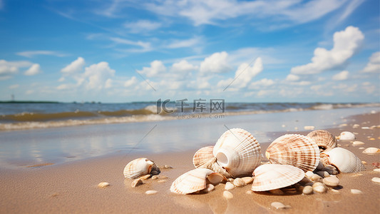 海边沙滩贝壳背景图片_沙滩贝壳夏季海边蓝色背景