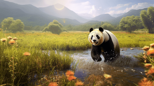 熊猫摄影照片_野生熊猫在河水边玩耍4