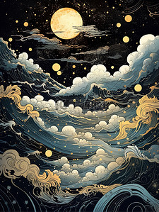 月亮云嶷在夜空中的波浪中国风背景4