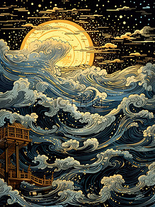 月亮中国风背景图片_月亮云嶷在夜空中的波浪中国风背景14