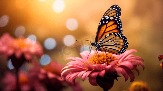 金蝴蝶字摄影照片_一朵花上有一只蝴蝶的特写