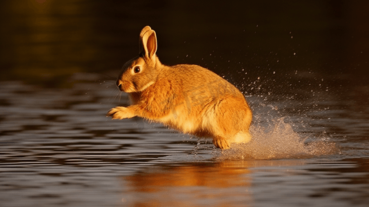 棕兔在水面上跳来跳去