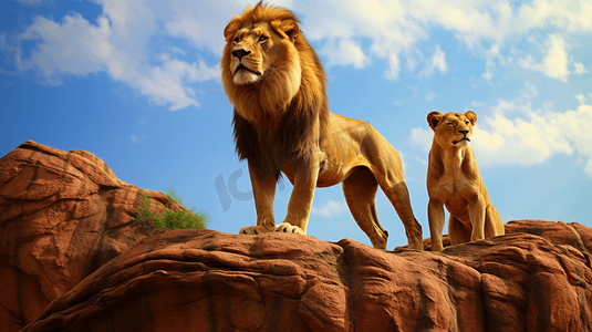 大门上边的狮子摄影照片_岩层附近的两只狮子和母狮